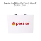 White shopping bag with passio logo and dimensions listed above.