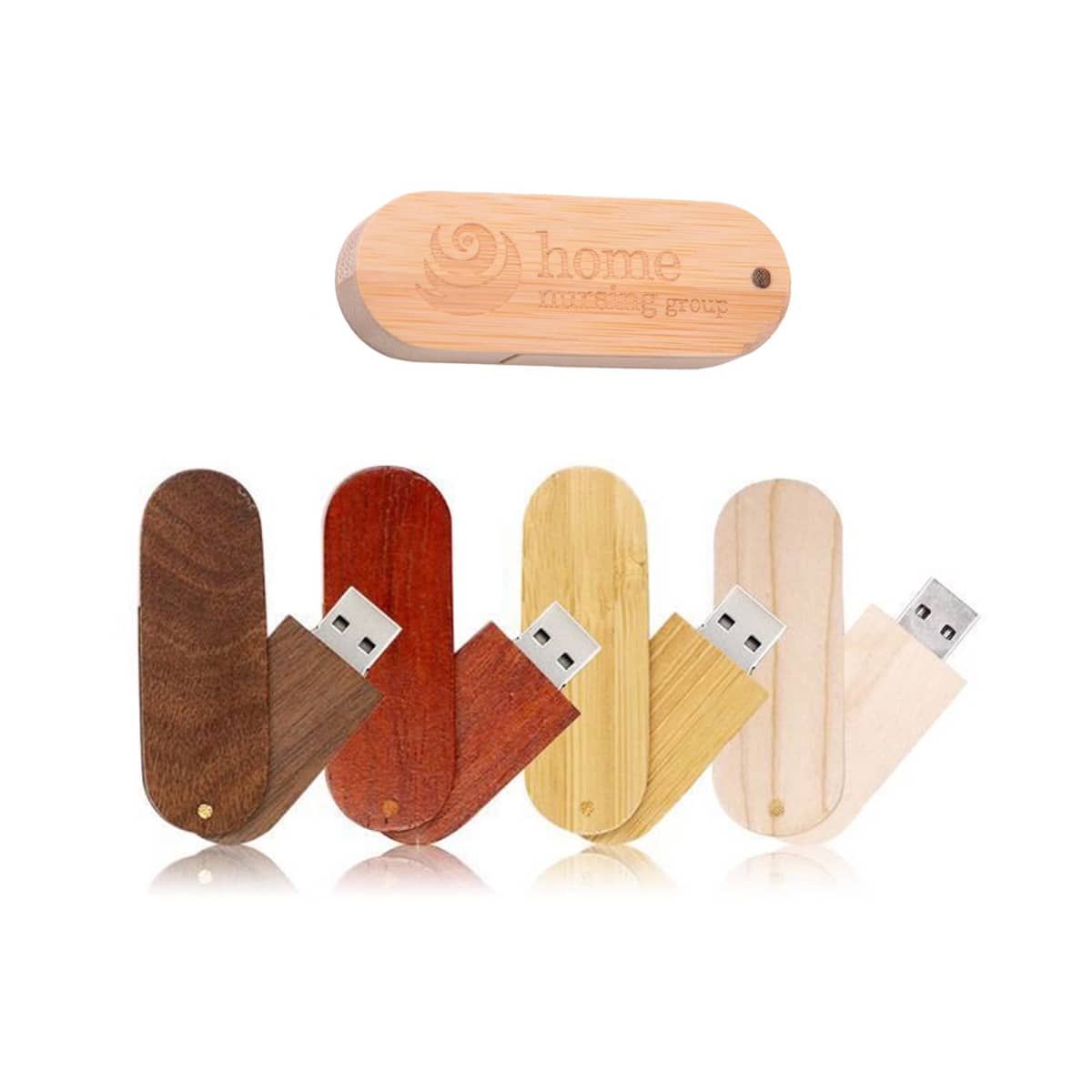 Five wooden swivel USB drives in different wood tones with engraved logo on one.