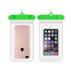 Two smartphones in transparent waterproof pouches with green seals, one showing its screen.