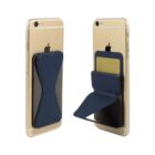 Blue phone cardholders on gold smartphones, one closed and one open with a card inside.