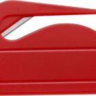 Red envelope opener with a curved blade design.