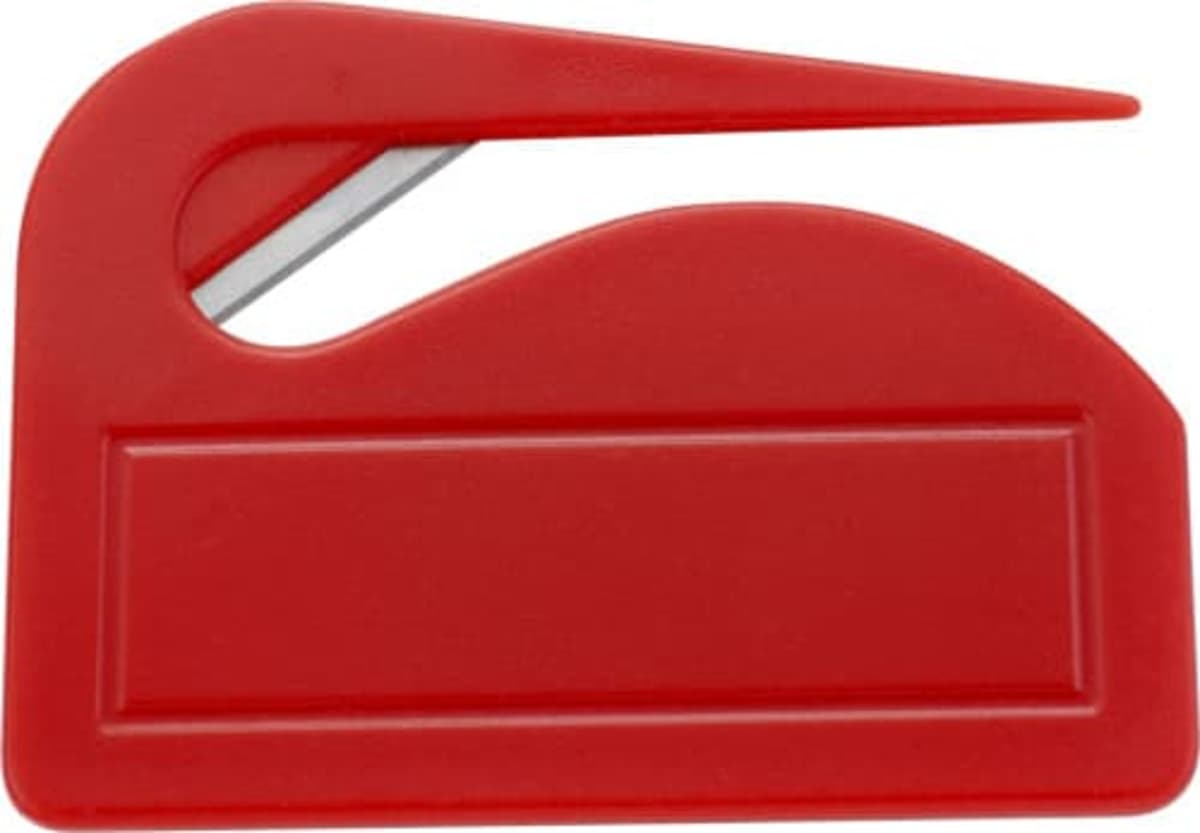Red envelope opener with a curved blade design.