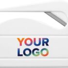 White plastic letter opener with a multicolored YOUR LOGO text.
