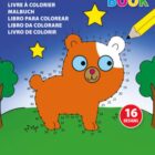 Cover of a colouring book with a bear, stars, trees, and a pencil colouring its head.