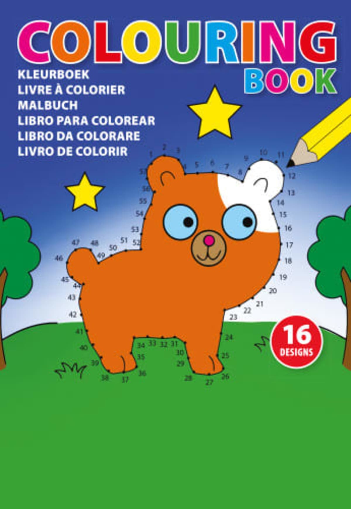 Cover of a colouring book with a bear, stars, trees, and a pencil colouring its head.