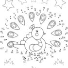 Dot-to-dot peacock coloring page with five stars above and grass at the bottom.