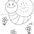 Smiling snail with a dot-to-dot pattern on its shell and three flowers in the grass.