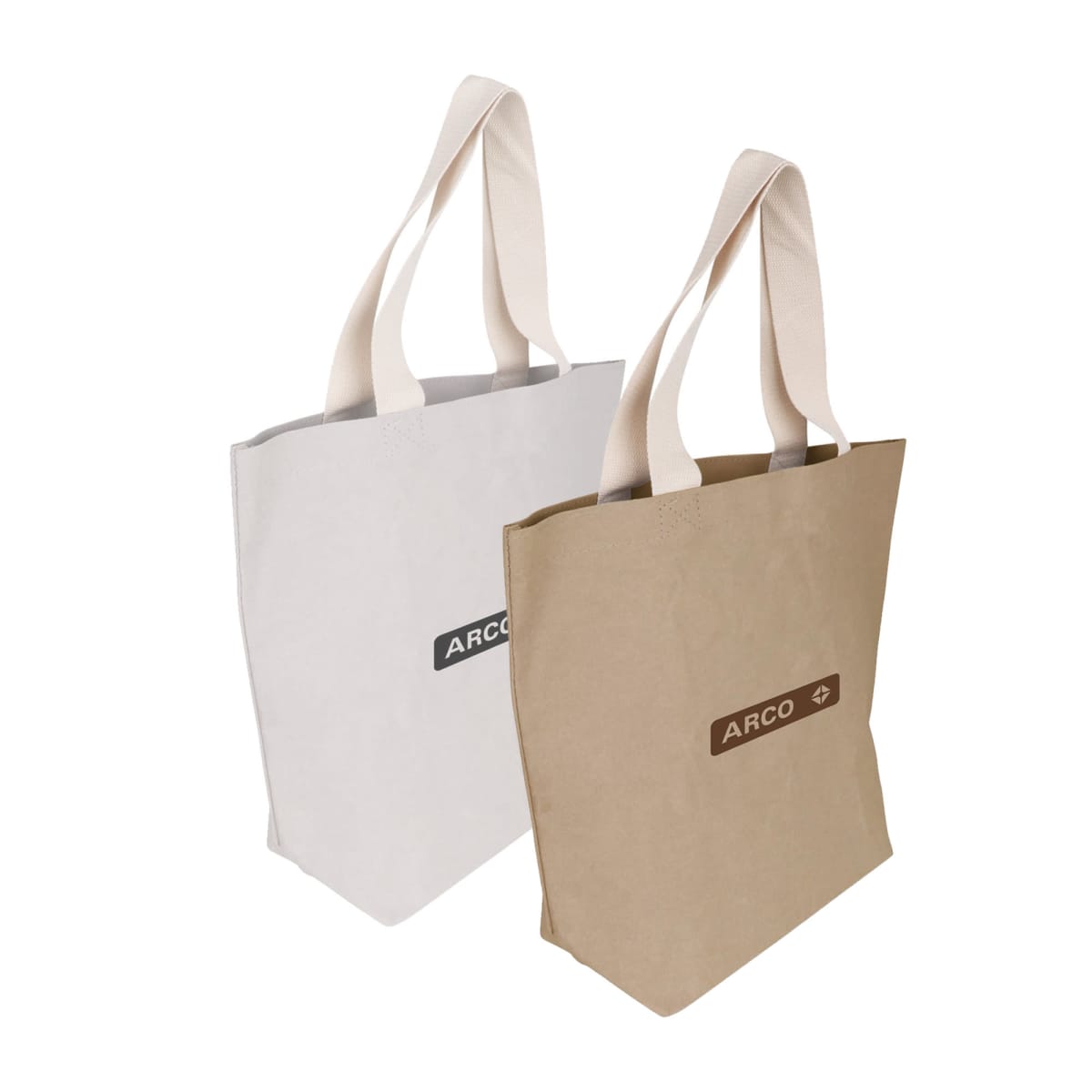Two tote bags, one white and one beige, with ARCO logos and white handles.