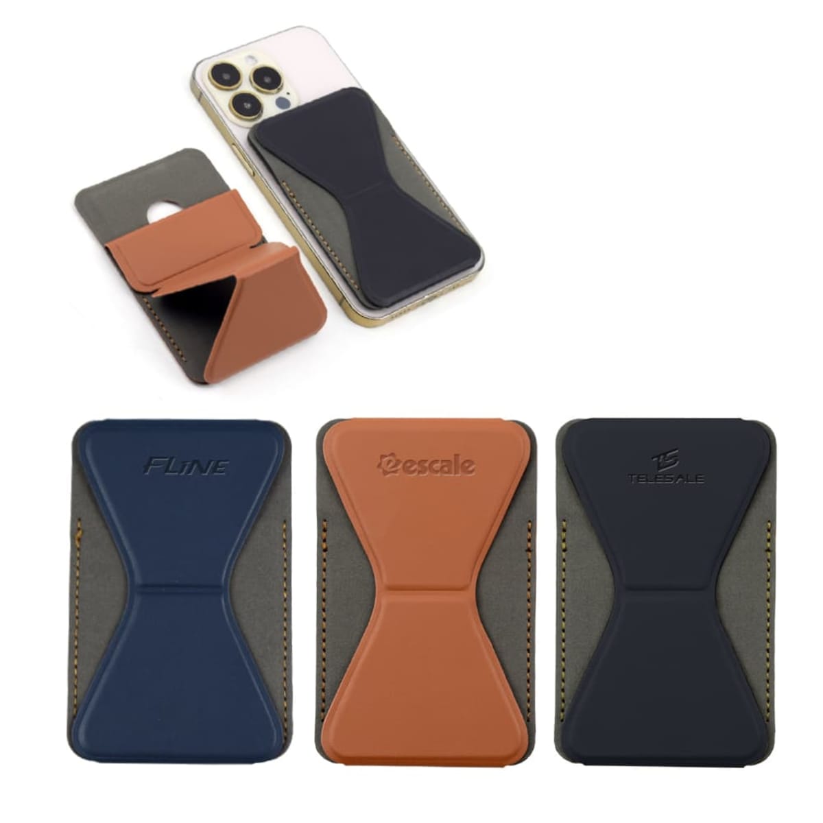 Phone card holders in navy, brown, and black, shown attached and detached from phones.