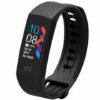 Black fitness tracker with colorful screen displaying time, date, weather, and steps.