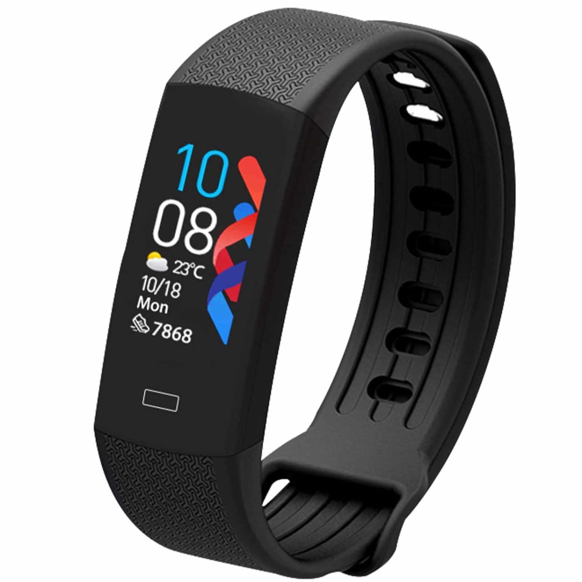 Black fitness tracker with colorful screen displaying time, date, weather, and steps.