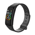 Black fitness tracker showing time, step count, and weather on a colored display.