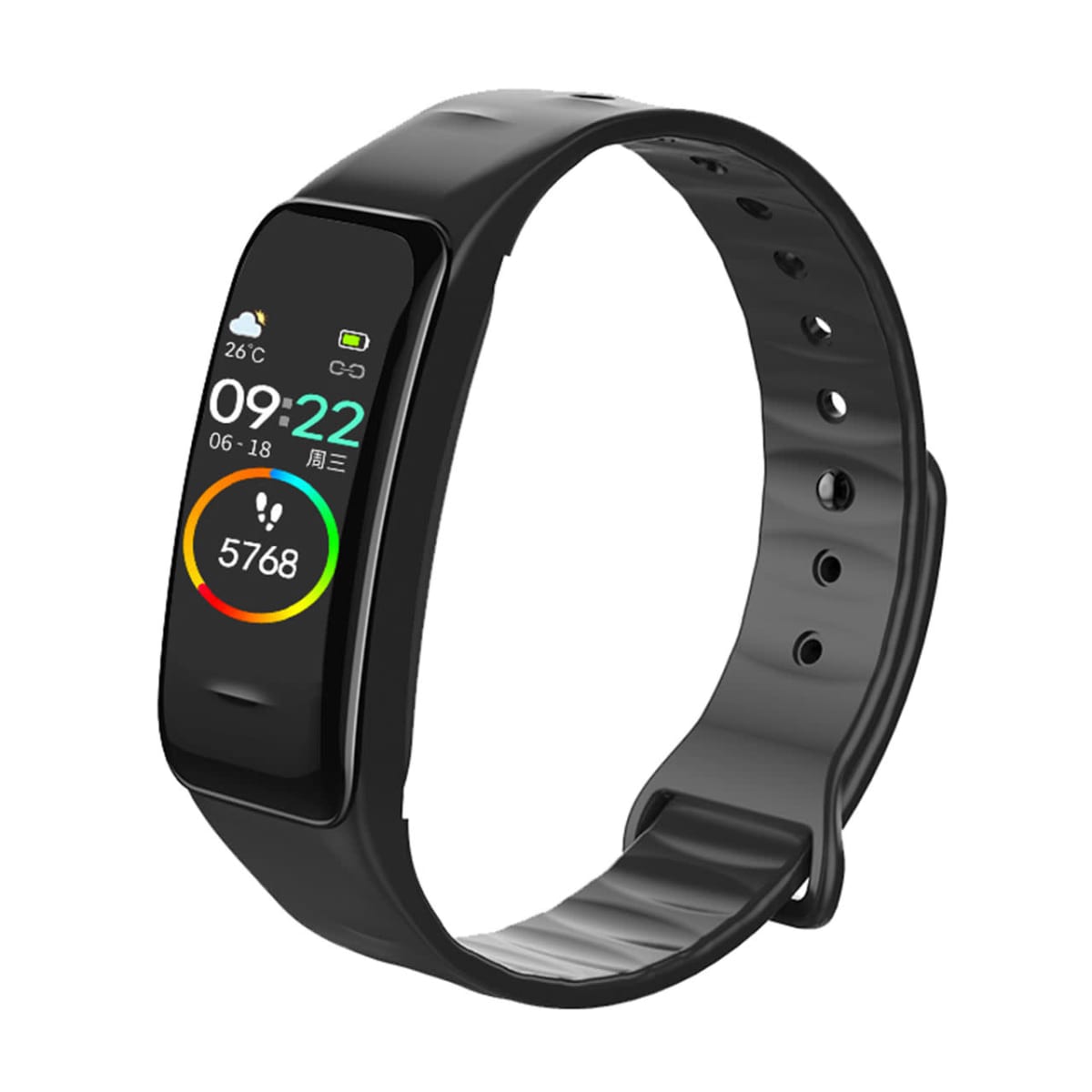 Black fitness tracker showing time, step count, and weather on a colored display.