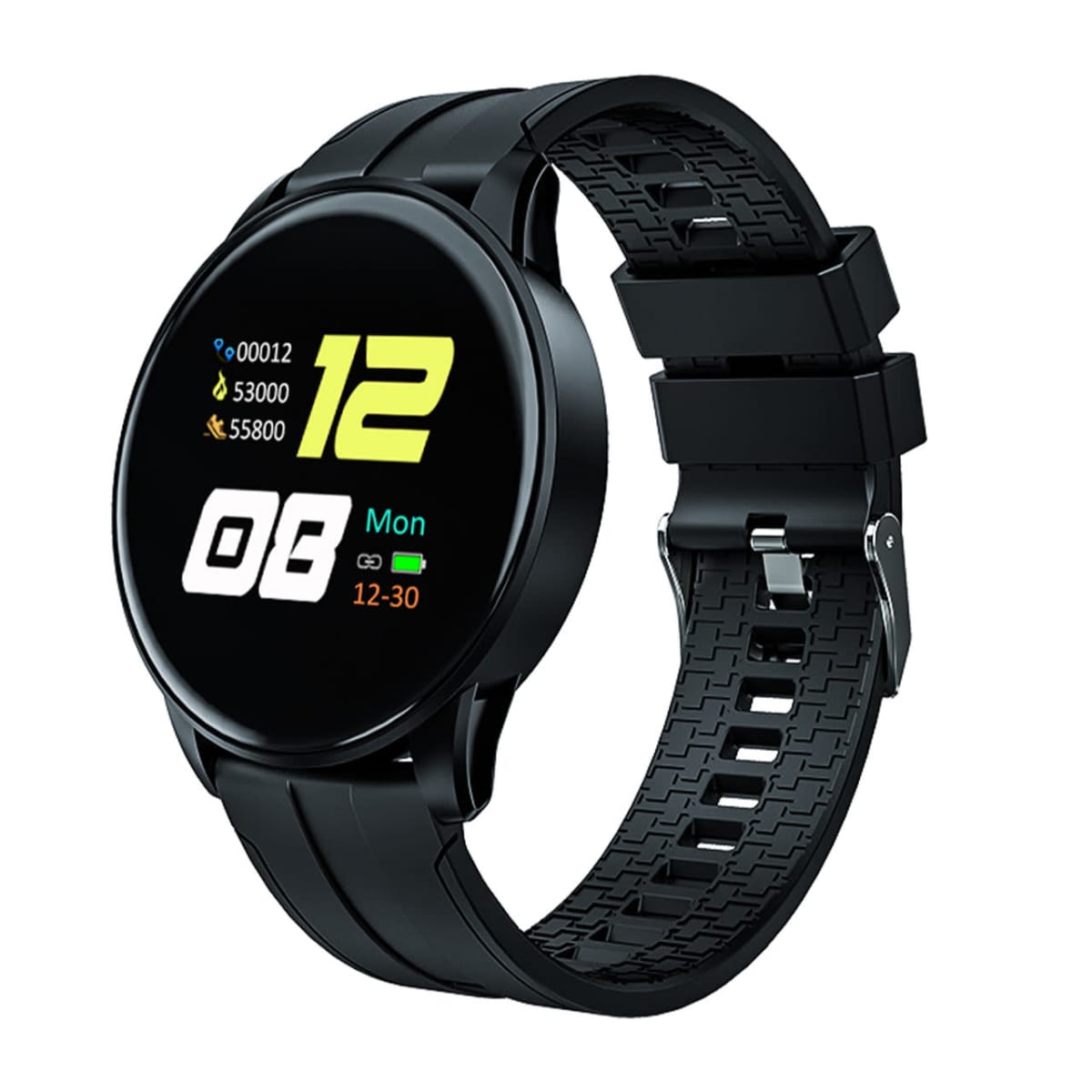 Black smartwatch displaying time, date, and steps on its round screen.