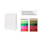 White paper bag next to color chart showing differences on white and brown kraft paper backgrounds.
