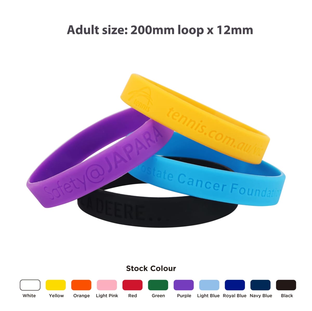 Four colorful silicone wristbands with text, shown with color options and size details.
