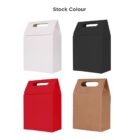 Four gift boxes: white, black, red, and brown, with handles and Stock Colour text above.