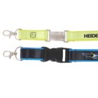 Two lanyards with metal clips and plastic buckles, one yellow with a logo, Heide text, and one black and blue with logos and text, including Bobby. Both feature quick-release buckles for easy attachment.