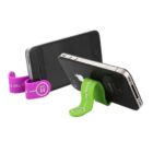 Two smartphones held upright by purple and green stands on a white background.