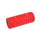 Red foam roller with textured grid pattern on a white background.