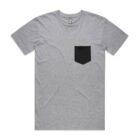 Gray T-shirt with a black chest pocket, displayed on a white background.