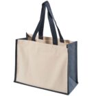 Beige and navy canvas tote bag with handles.