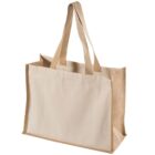 A beige and brown tote bag with two handles.