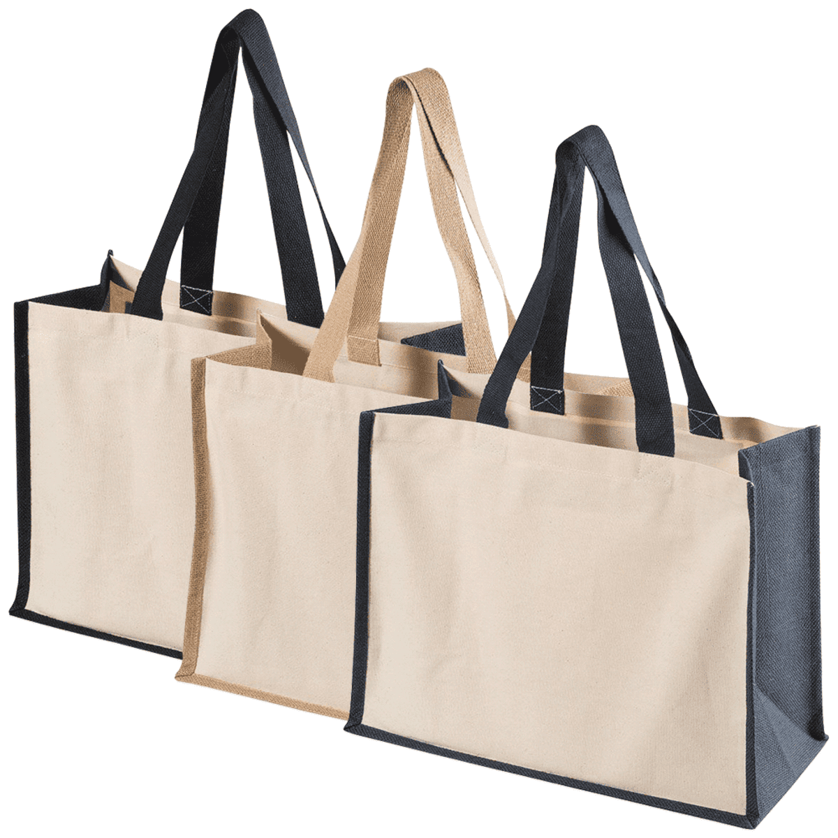 Three beige tote bags with contrasting black and brown handles and edges.