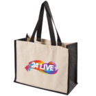 Canvas tote bag with 24 LIVE and colorful brushstroke design.