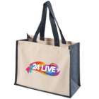 Reusable tote bag with 24 LIVE and colorful brush strokes on the front.