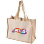 Beige tote bag with 24 Live in colorful text on the front.