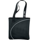 Black tote bag with white accents, pen loops, and black handles.