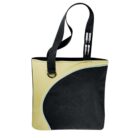 Two-tone tote bag with a black and beige design and pen holders on the strap.