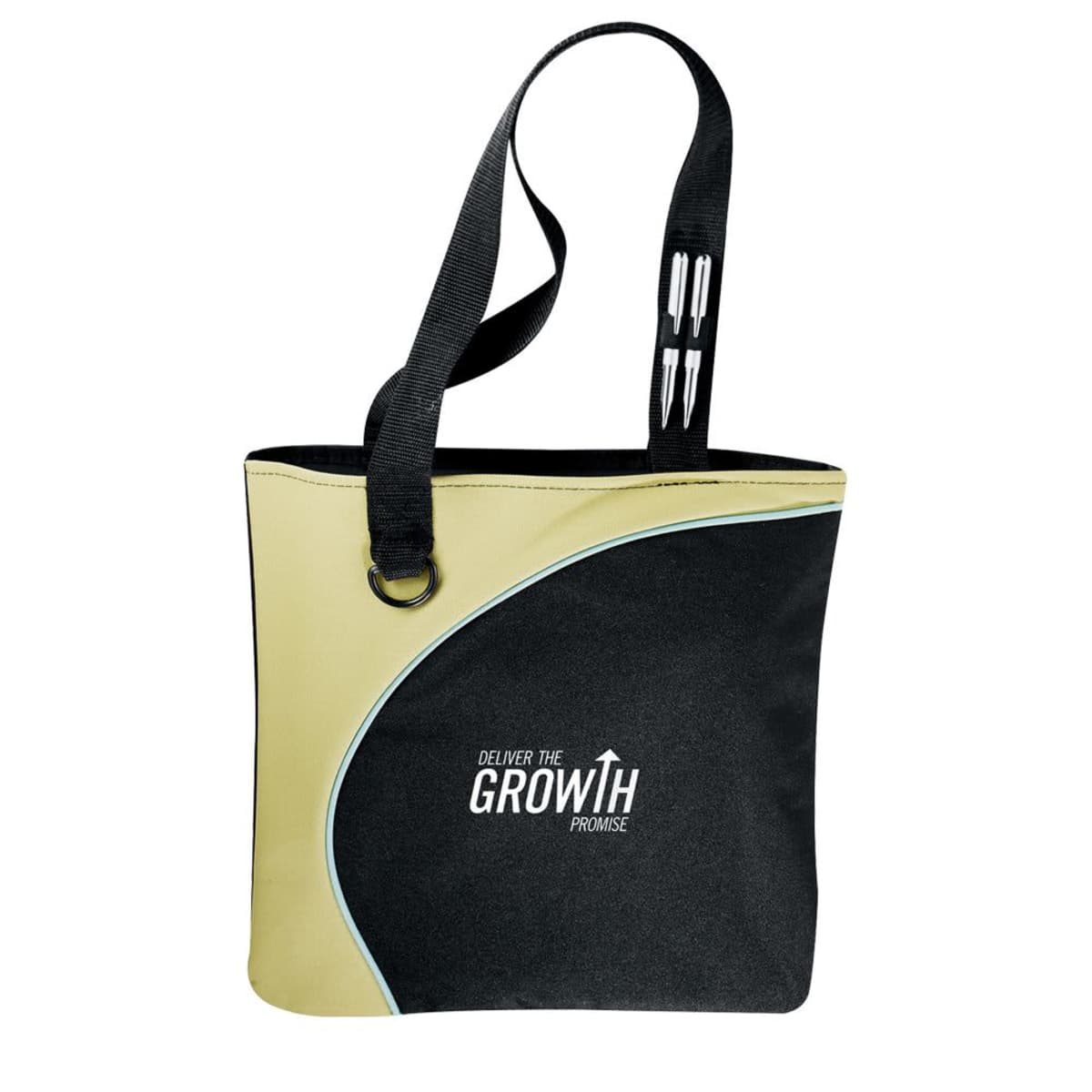 Two-tone tote bag with pens and Deliver the Growth Promise printed on it.