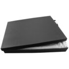 Black box with an open lid, revealing tissue paper inside.
