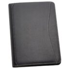 Black leather folder with a stitched design on a white background.