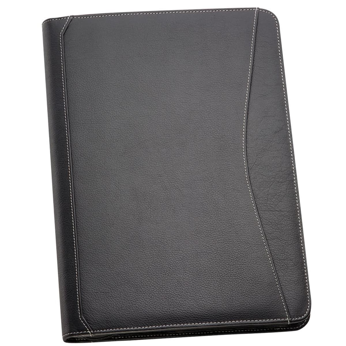 Black leather folder with a stitched design on a white background.