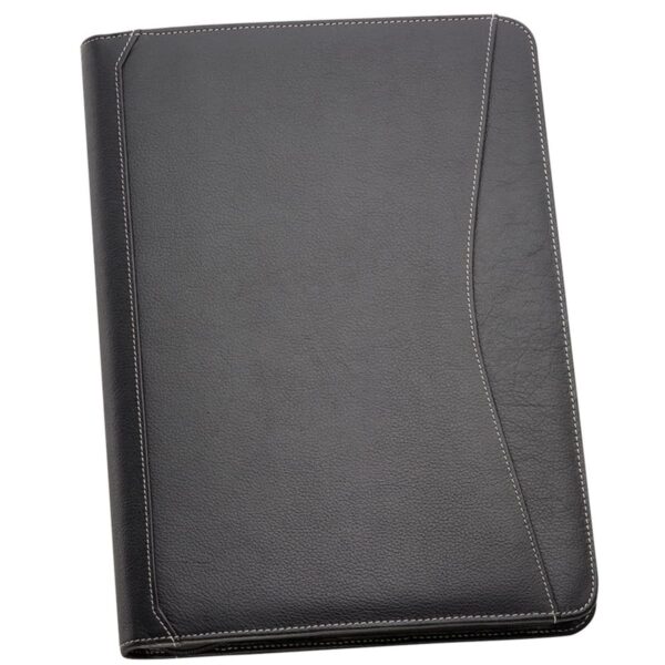 A closed black leather portfolio with a stitched edge design.