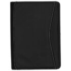 A closed black leather folder with a curved stitching design.