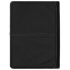 Black leather folder with white stitching details.