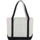 White tote bag with black handles and base.
