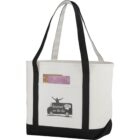 White tote bag with Gourmet on the Go design and black straps.