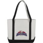 White tote bag with black handles and Rockland Boulders New York logo on the front.