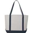 A large white tote bag with black straps and base.
