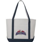 White tote bag with navy straps and a Rockland Boulders logo on the front.