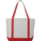 White tote bag with red straps and base.