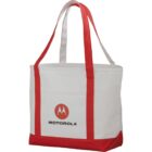 White and red tote bag with Motorola logo and text.