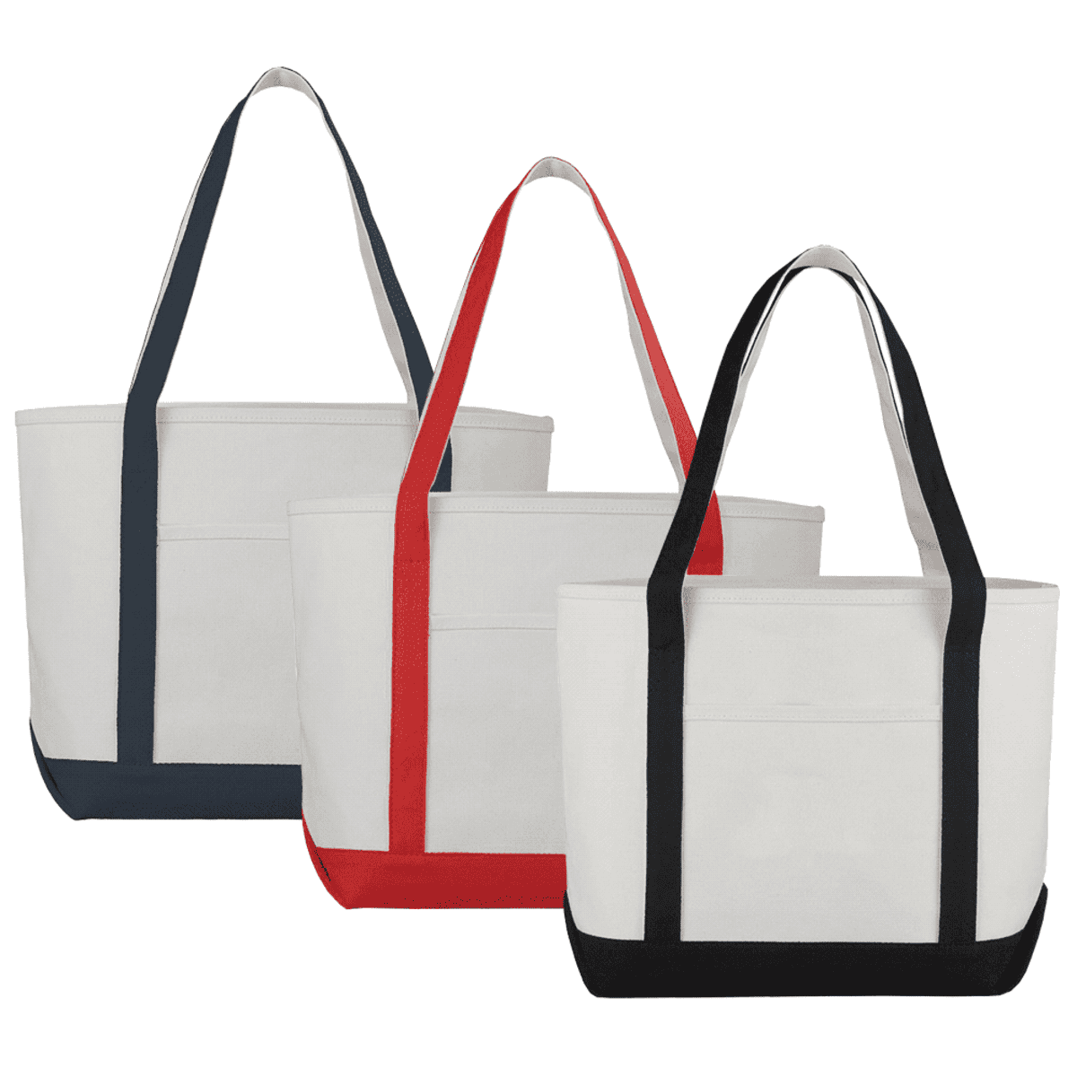 Three canvas tote bags with navy, red, and black straps and bases.