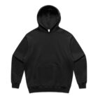 Black hooded sweatshirt with front pocket, laid flat on a white background.