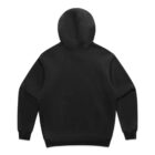 Back view of a plain black hoodie with the hood up.